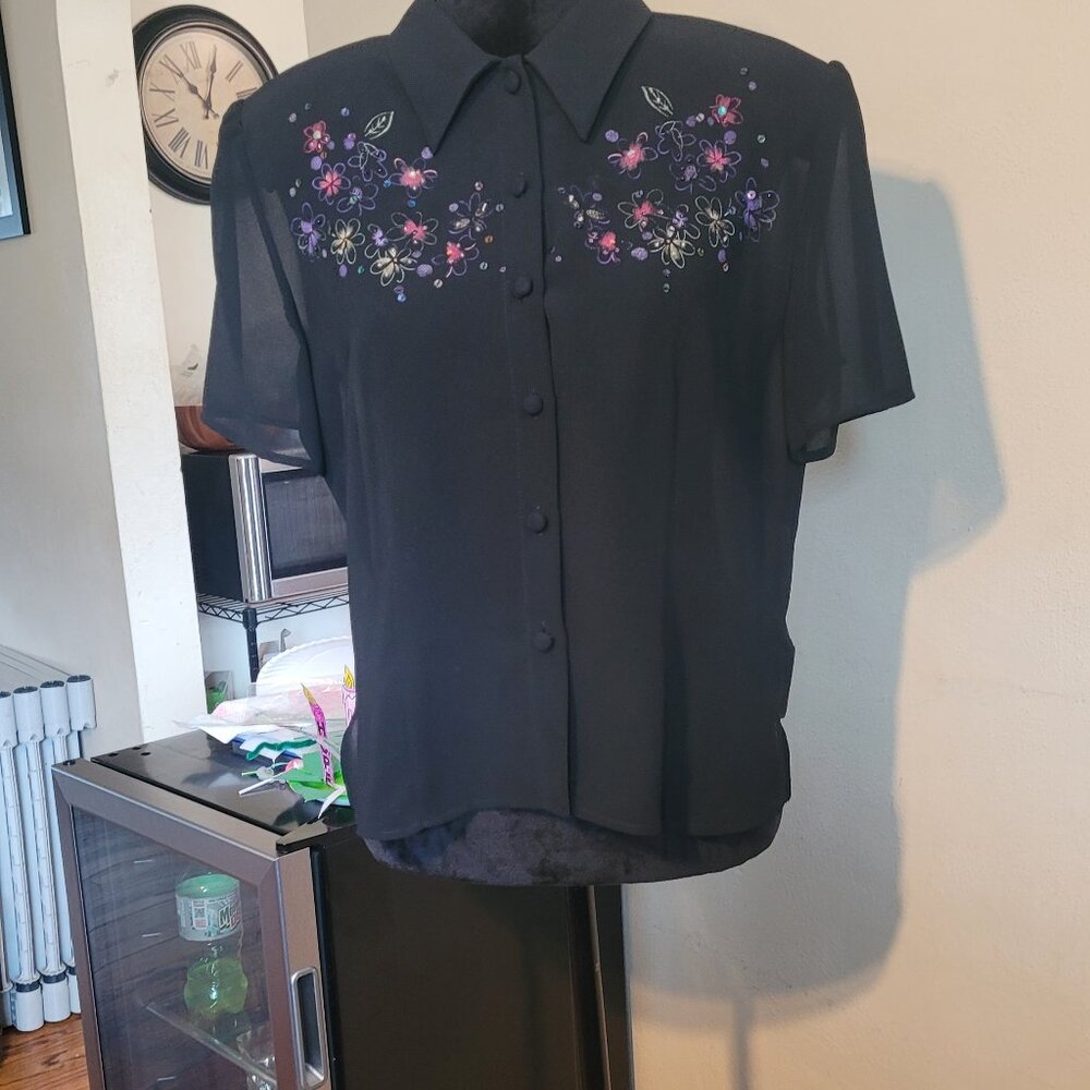 Karin Stevens Black Blouse with Floral Embroidery